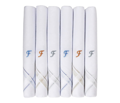 Caruso Italy Men's Initial Monogram F Embroidery 100% Pure Cotton Handkerchief White Base With Colored Border - Pack Of 6