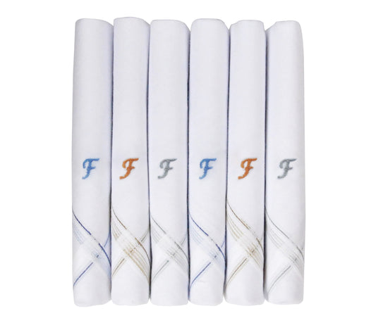 Caruso Italy Men's Initial Monogram F Embroidery 100% Pure Cotton Handkerchief White Base With Colored Border - Pack Of 6