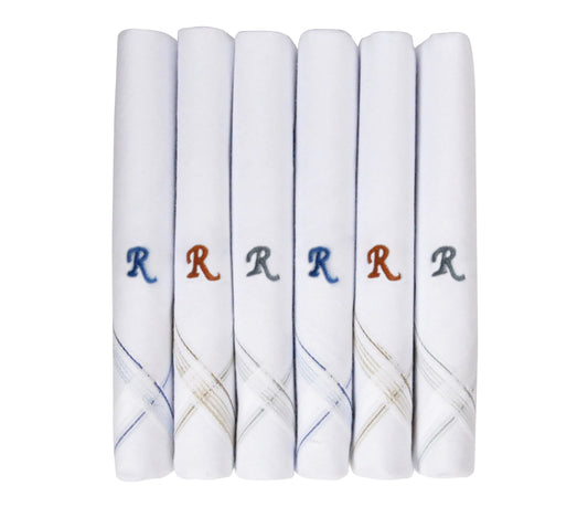 Caruso Italy Men's Initial Monogram R Embroidery 100% Pure Cotton Handkerchief White Base With Colored Border - Pack Of 6