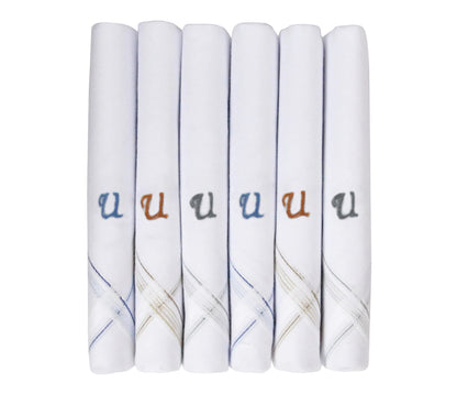 Caruso Italy Men's Initial Monogram U Embroidery 100% Pure Cotton Handkerchief White Base With Colored Border - Pack Of 6