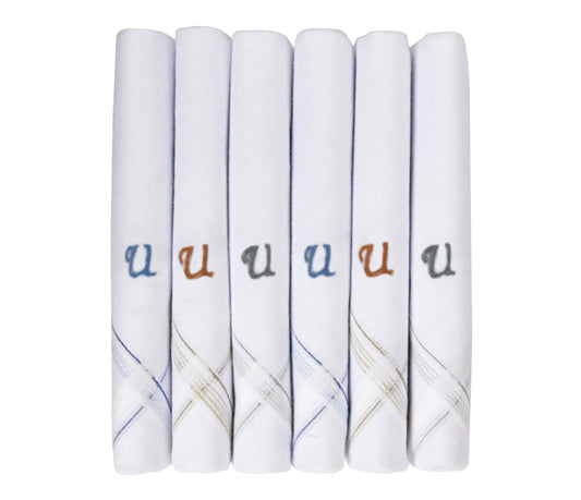 Caruso Italy Men's Initial Monogram U Embroidery 100% Pure Cotton Handkerchief White Base With Colored Border - Pack Of 6