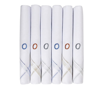 Caruso Italy Men's Initial Monogram O Embroidery 100% Pure Cotton Handkerchief White Base With Colored Border - Pack Of 6