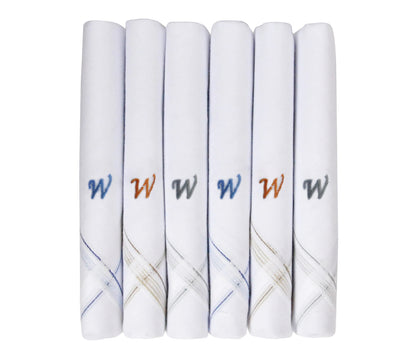Caruso Italy Men's Initial Monogram W Embroidery 100% Pure Cotton Handkerchief White Base With Colored Border - Pack Of 6