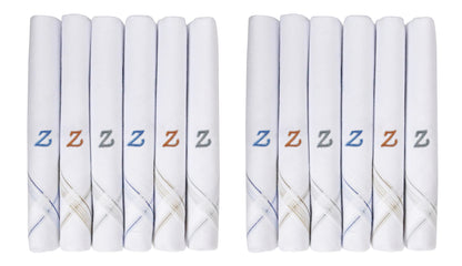 Caruso Italy Men's Initial Monogram Z Embroidery 100% Pure Cotton Handkerchief White Base With Colored Border - Pack Of 6