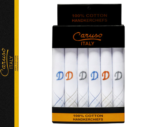 Caruso Italy Men's Initial Monogram D Embroidery 100% Pure Cotton Handkerchief White Base With Colored Border - Pack Of 6