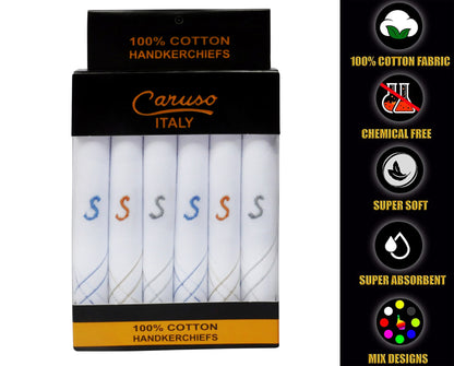 Caruso Italy Men's Initial Monogram S Embroidery 100% Pure Cotton Handkerchief White Base With Colored Border - Pack Of 6