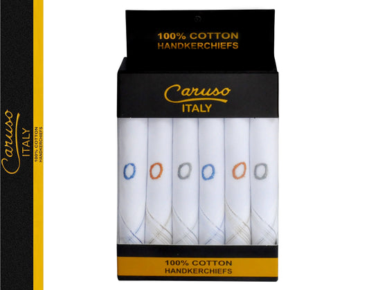 Caruso Italy Men's Initial Monogram O Embroidery 100% Pure Cotton Handkerchief White Base With Colored Border - Pack Of 6