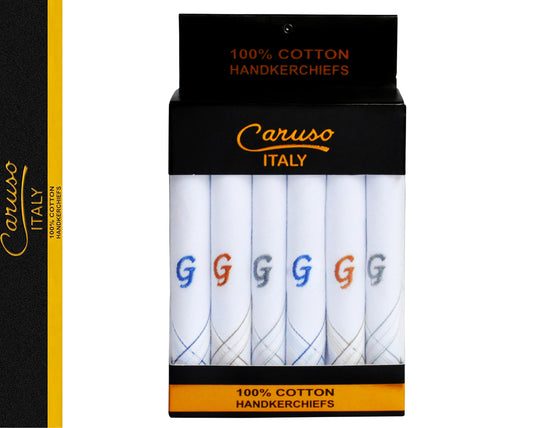 Caruso Italy Men's Initial Monogram G Embroidery 100% Pure Cotton Handkerchief White Base With Colored Border - Pack Of 6