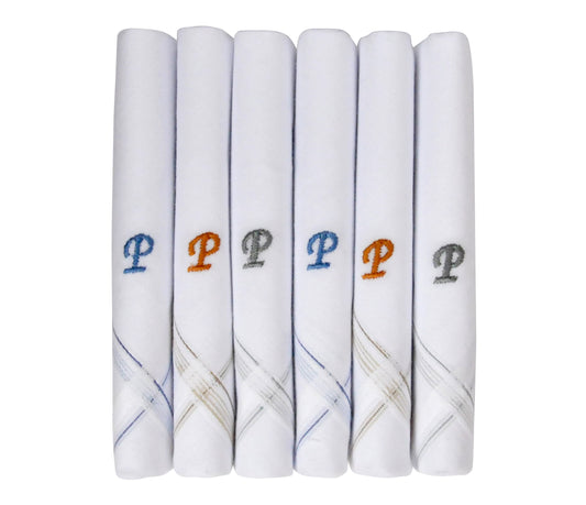 Caruso Italy Men's Initial Monogram P Embroidery 100% Pure Cotton Handkerchief White Base With Colored Border - Pack Of 6