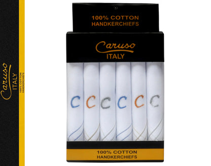 Caruso Italy Men's Initial Monogram C Embroidery 100% Pure Cotton Handkerchief White Base With Colored Border - Pack Of 6