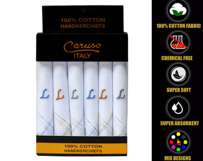 Caruso Italy Men's Initial Monogram L Embroidery 100% Pure Cotton Handkerchief White Base With Colored Border - Pack Of 6