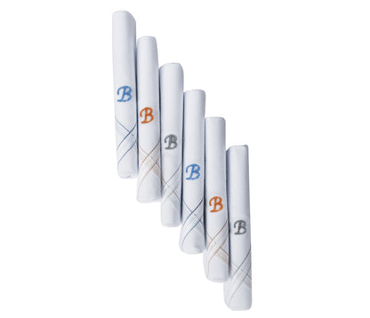 Caruso Italy Men's Initial Monogram B Embroidery 100% Pure Cotton Handkerchief White Base With Colored Border - Pack Of 6