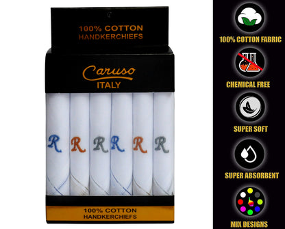 Caruso Italy Men's Initial Monogram R Embroidery 100% Pure Cotton Handkerchief White Base With Colored Border - Pack Of 6